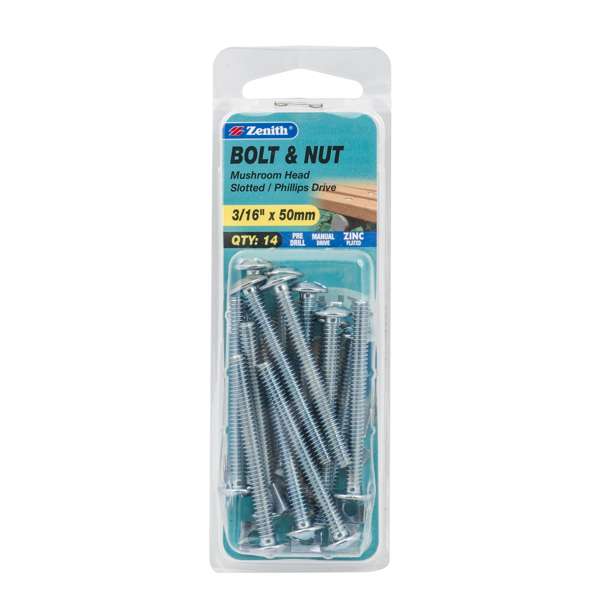 Zenith 3/16" x 50mm Zinc Plated Mushroom Head Bolt & Nut - 14 Pack