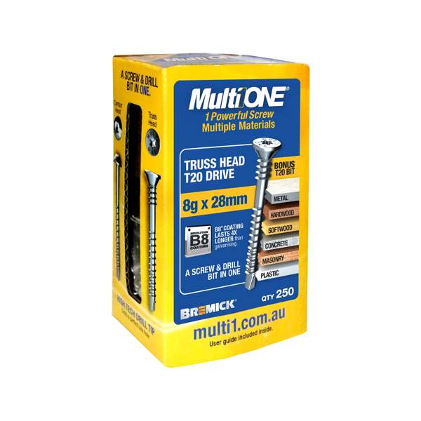 Bremick Screw MultiOne Countersunk Truss Head 20 B8 Coated 8g x 28mm - 250 Pack