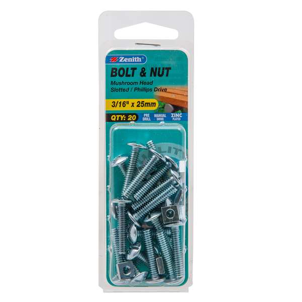 Zenith 3/16" x 25mm Zinc Plated Mushroom Head Bolt & Nut - 20 Pack