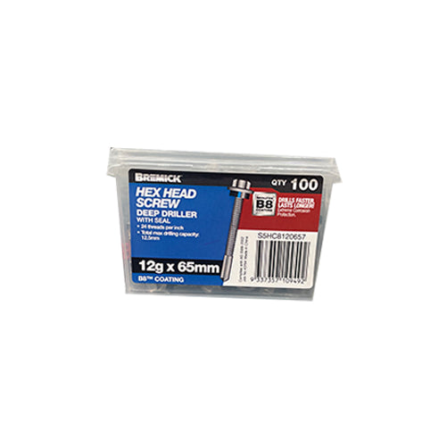 Bremick Screw Hex Head Metal B8 with Seal 12G x 65mm 50 Pack