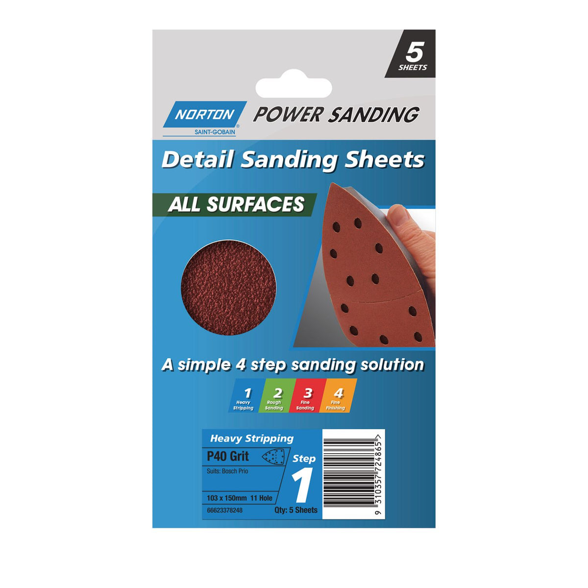 Norton All Surface Detail Sanding Sheet Step 5pk 3 100 x 140 x 8h P120