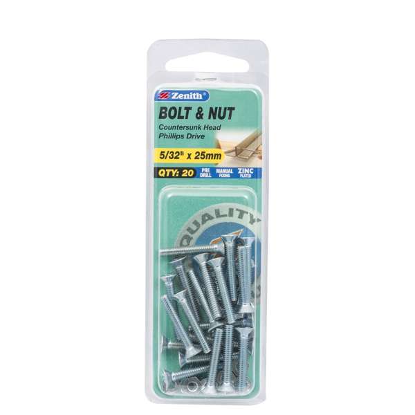Zenith 5/32" x 25mm Zinc Plated Countersunk Head Bolt & Nut - 20 Pack