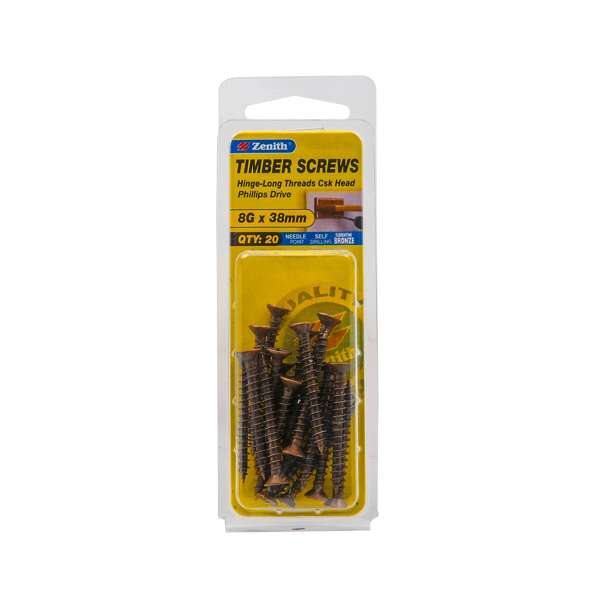 Zenith 8G x 40mm Florentine Bronze Hinge-Long Threads Countersunk Head Timber Screws - 20 Pack