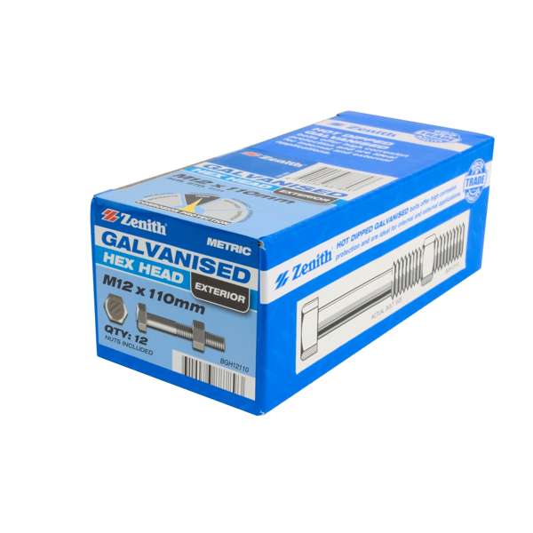 Zenith M12 x 110mm Hot Dipped Galvanised Hex Head Bolt & Nut - 12 Pack
