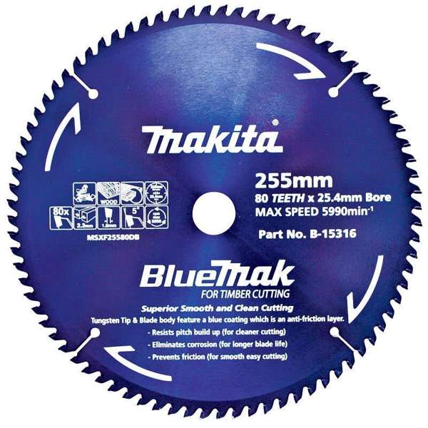 Makita BlueMak Mitre Saw Blade 255 x 25.4mm Bore x 80T B-15316