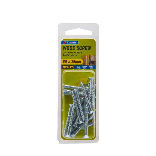Zenith 8G x 38mm Zinc Plated Countersunk Head Wood Screws - 20 Pack