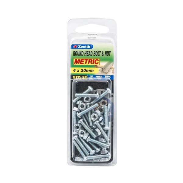 Zenith 4 x 20mm Zinc Plated Round Head Bolt & Nut - 22 Pack