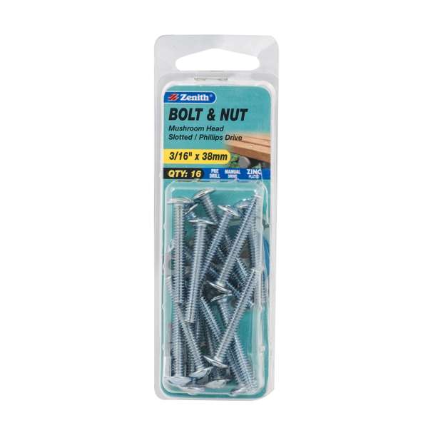 Zenith 3/16" x 38mm Zinc Plated Mushroom Head Bolt & Nut - 16 Pack