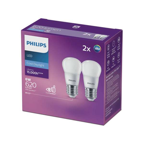 Philips Globe LED Fancy Round 6W ES 620Lm Cool Daylight - 2 Pack