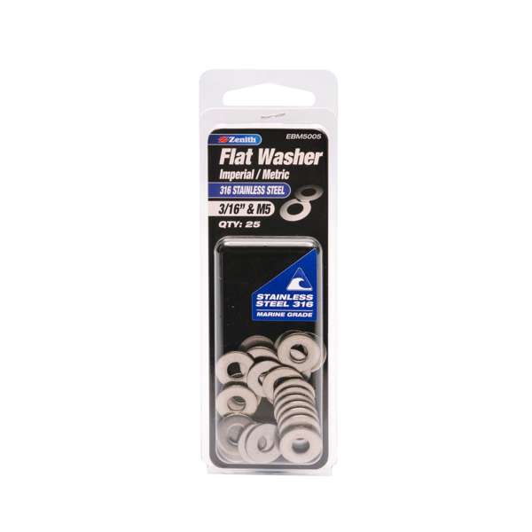 Zenith 3/16" & M5 316 Stainless Steel Flat Washer - 25 Pack