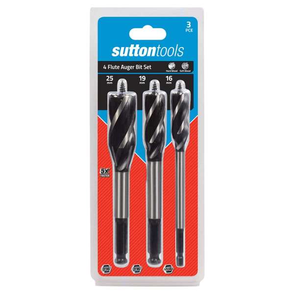 Sutton Tools 4 Flute Auger Bit Set 3 Piece