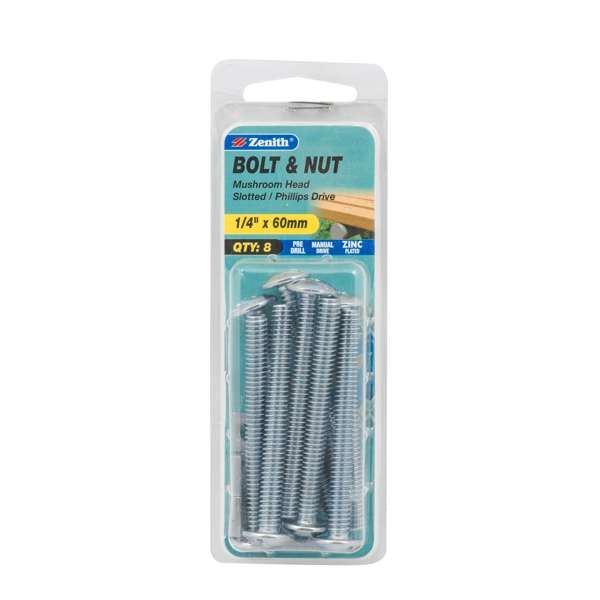 Zenith 1/4" x 60mm Zinc Plated Mushroom Head Bolt & Nut - 8 Pack