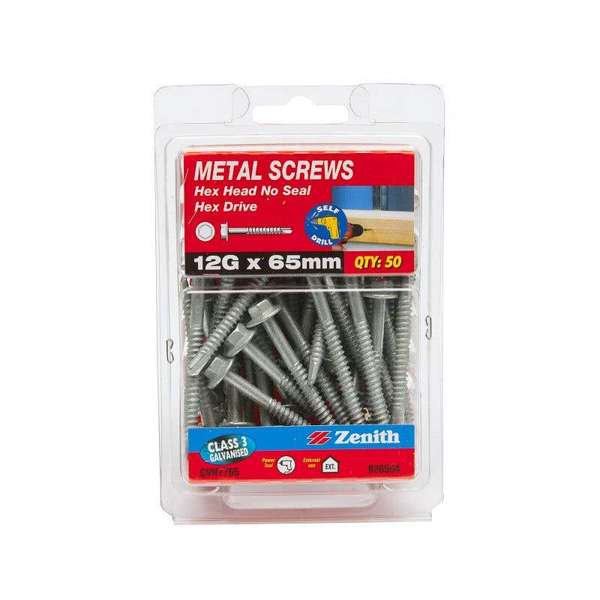 Zenith Metal Screws Hex Head Galvanised 12G x 65mm - 50 Pack