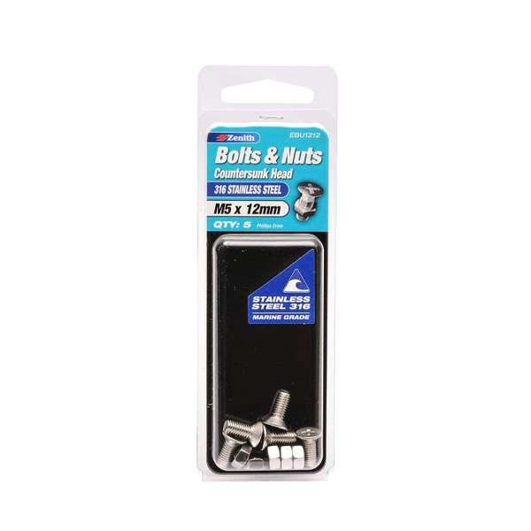 Zenith Bolt & Nut Countersunk Head Stainless Steel M5 x 12mm - 5 Pack