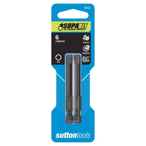 Sutton Tools Supabit Impact Screwdriver Bit Hexagon Power 6 x 65mm - 2 Pack