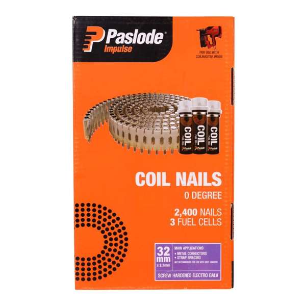 Paslode Impulse CoilMaster Nails 2.5 x 32mm - Box of 2400 + 3 Fuel Cells