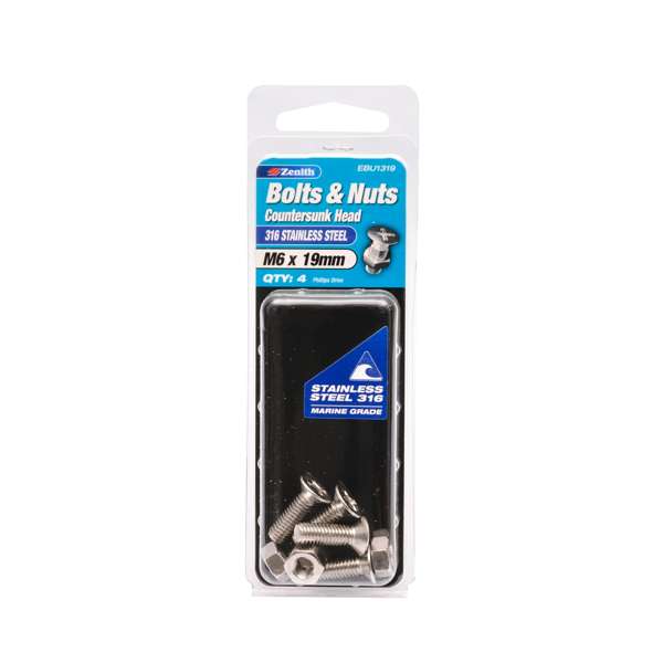 Zenith M6 x 19mm 316 Stainless Steel Countersunk Head Bolt & Nut - 4 Pack