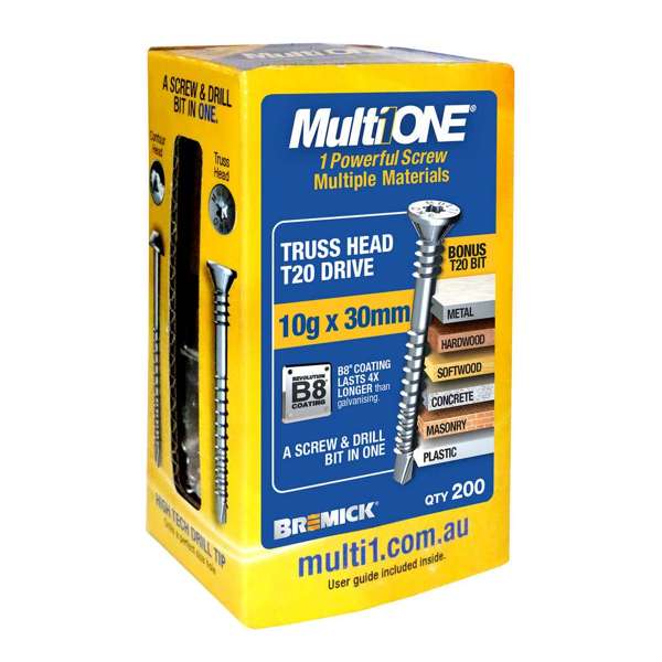 Bremick Screw MultiOne Countersunk Truss Head 20 B8 Coated 10g x 30mm - 200 Pack