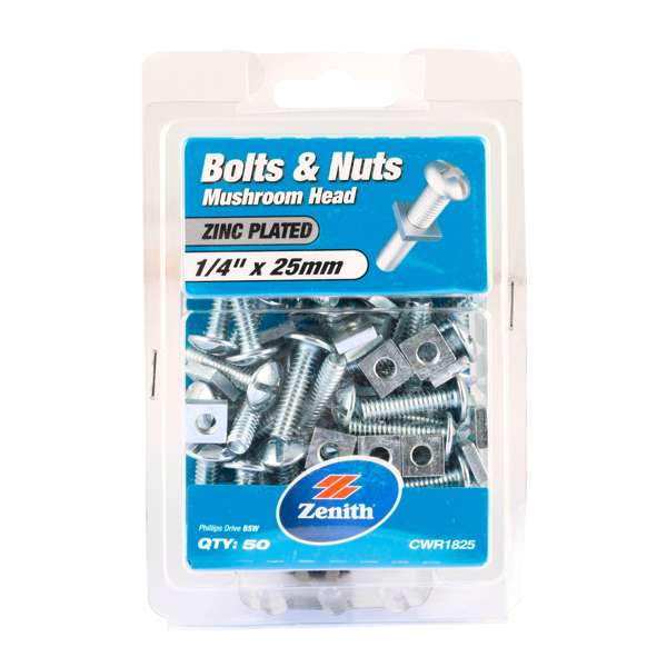 Zenith Bolt & Nut Mushroom Zinc Plated 1/4" x 25mm - 50 Pack