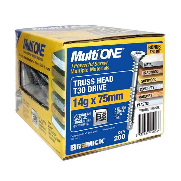 Bremick Screw MultiOne Countersunk Truss Head 30 B8 Coated 14g x 75mm - 200 Pack