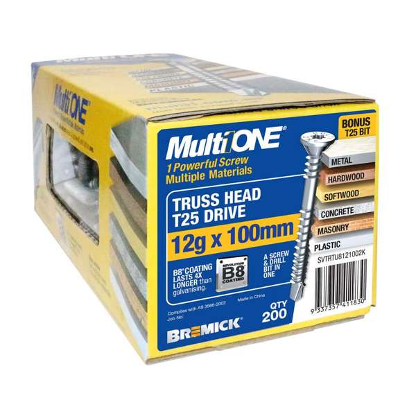 Bremick Screw MultiOne Countersunk Truss Head 30 B8 Coated 14g x 100mm - 150 Pack