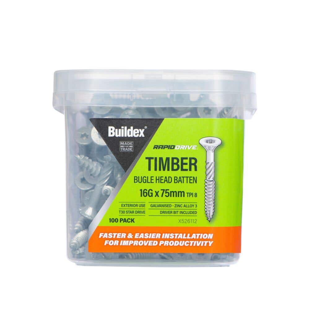 Buildex RapidDrive Zinc Alloy Bugle Head Batten Screws - 16-8G x 75mm 100pk