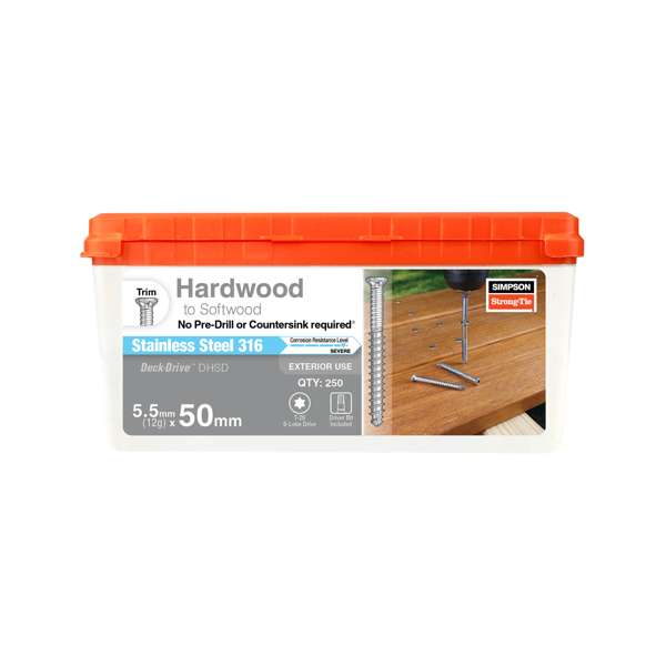 Simpson Strong-Tie 12G (5.5mm) x 50mm 316 Stainless Steel DHSD No-PreDrill Hardwood to Softwood Decking Screws - 250 Pack