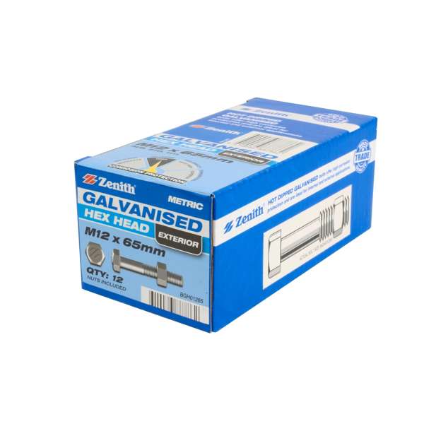 Zenith M12 x 65mm Hot Dipped Galvanised Hex Head Bolt & Nut - 12 Pack