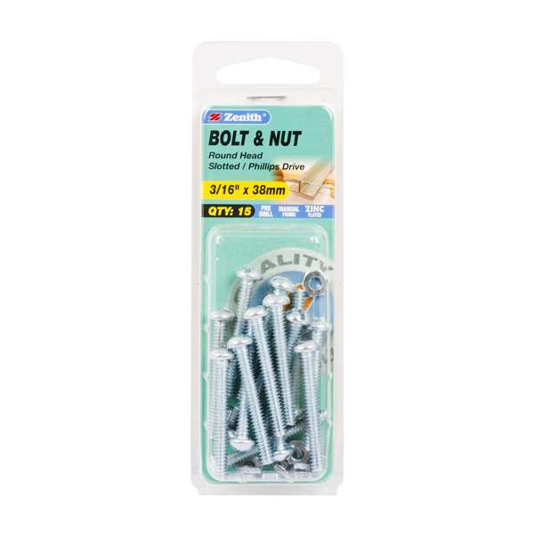 Zenith 3/16" x 38mm Zinc Plated Round Head Bolt & Nut - 15 Pack