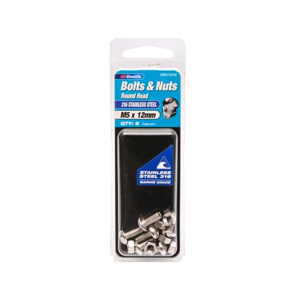 Zenith Bolt & Nut Round Head SS316 M5 x 12mm - 6 Pack