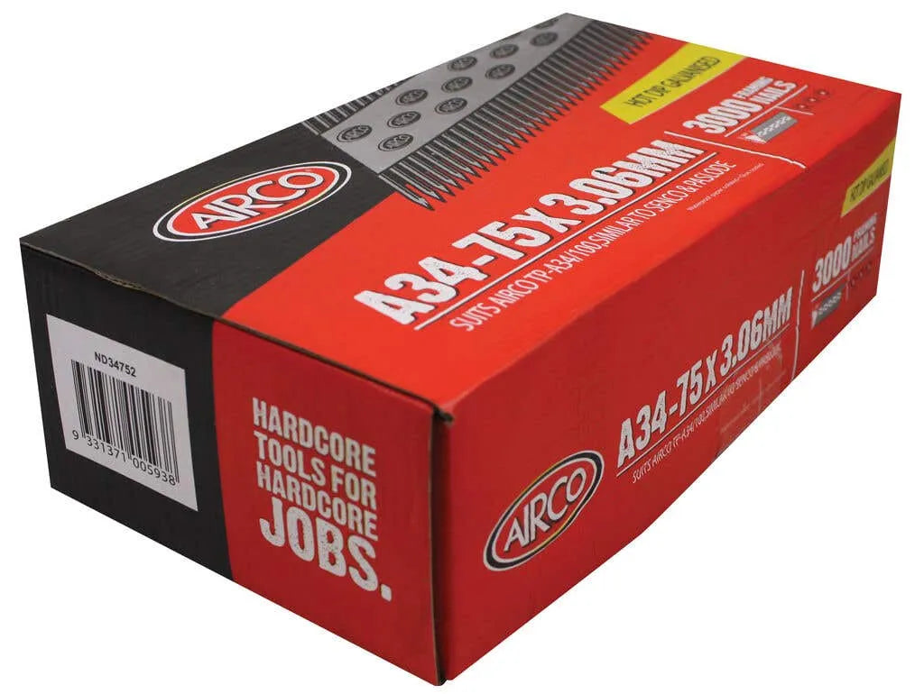 Airco A34 Collated Strip Nails 75 x 3.1mm - Box of 3000