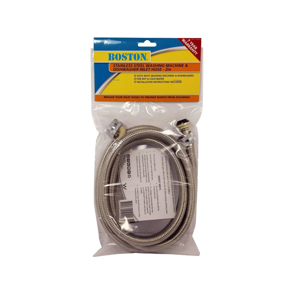 Boston Washing Machine & Dishwasher Inlet Hose Stainless Steel 2m