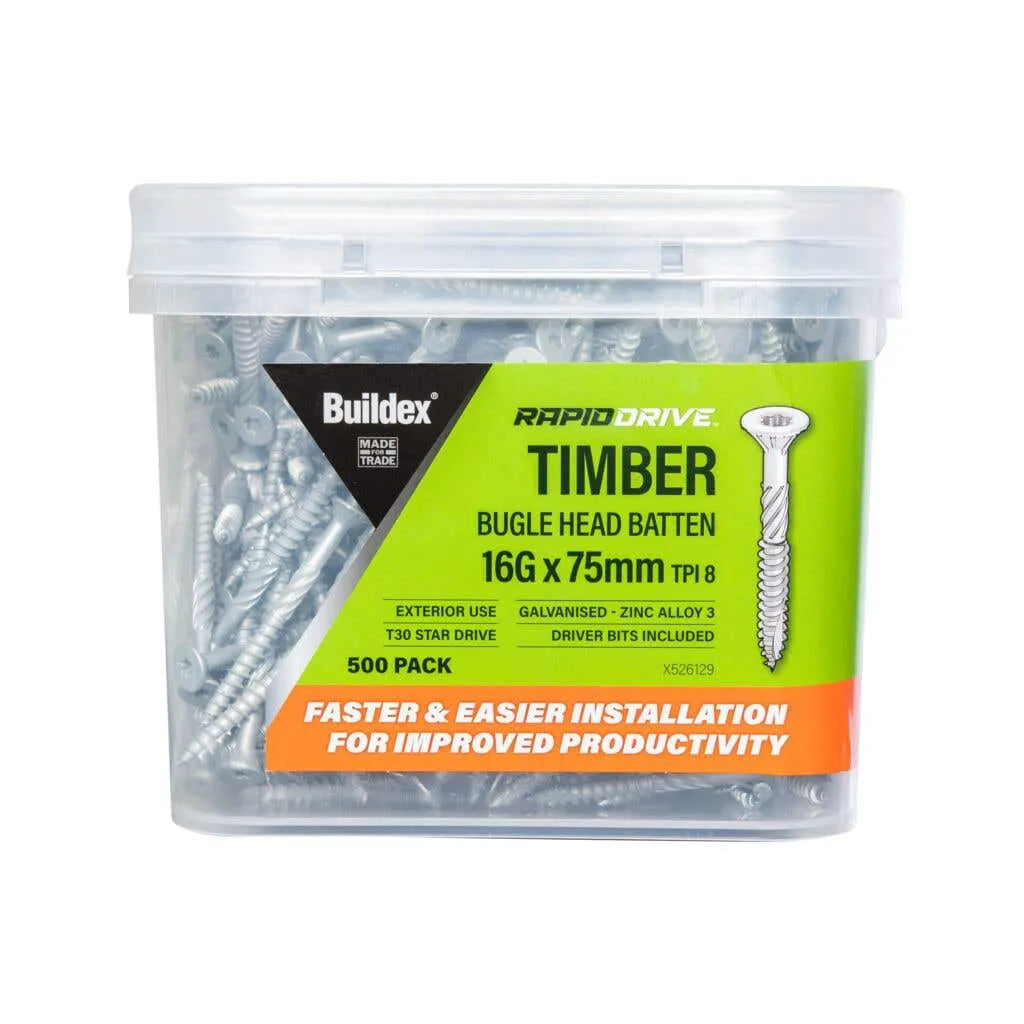 Buildex RapidDrive Zinc Alloy Bugle Head Batten Screws 16-8G x 75mm - 500pk