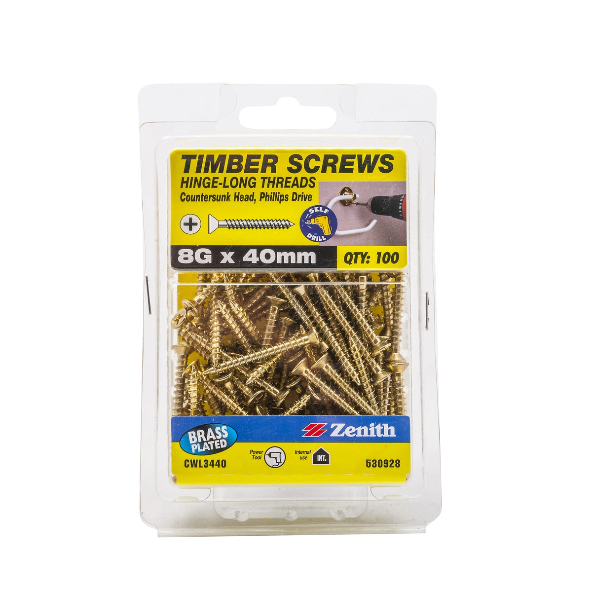Zenith Brass Plated Hinge Long-Thread Countersunk Timber Screw 8G x 40mm 20 Pack