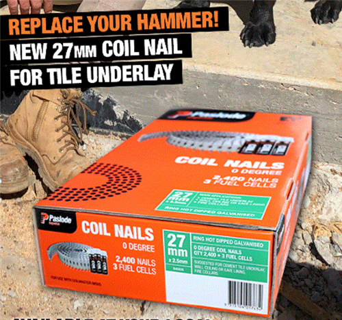 Paslode Coilmaster Cement Tile Underlay Nails Ring Galv Hot Dipped Galv. 27 x 2.5mm 2400 & 3 Fuel Cel