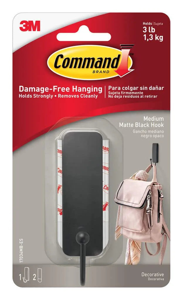 Command Adhesive Single Wall Hook Matte Black Medium