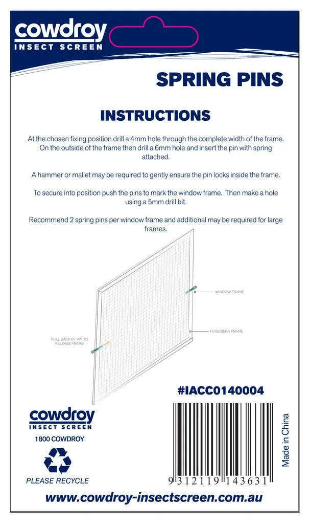 Cowdroy Flyscreen Spring Pins Metal - 4 Pack