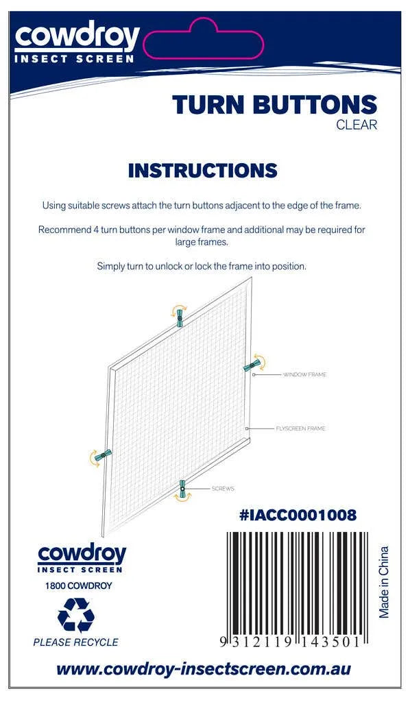Cowdroy Flyscreen Turn Buttons Clear - 8 Pack