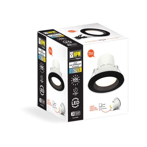 HPM Zyla LED 5W 606lm Tri-Colour Recessed Downlight Black 70mm