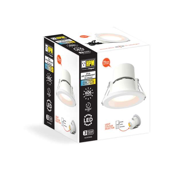 HPM Zyla LED 5W 606lm Tri-Colour Recessed Downlight White 70mm