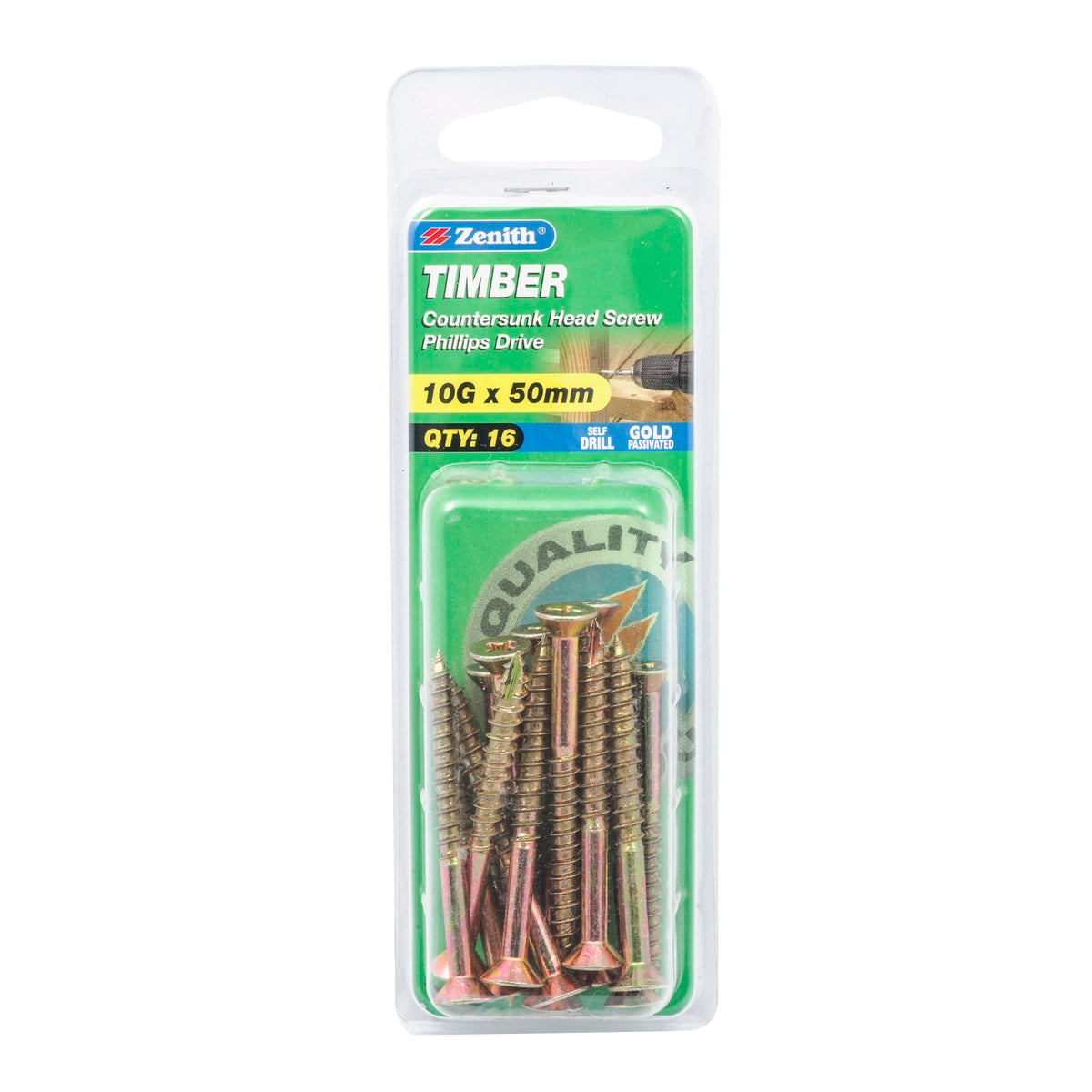 Zenith Stainless Steel Long Thread Countersunk Timber Screw 10G x 50mm 16 Pack