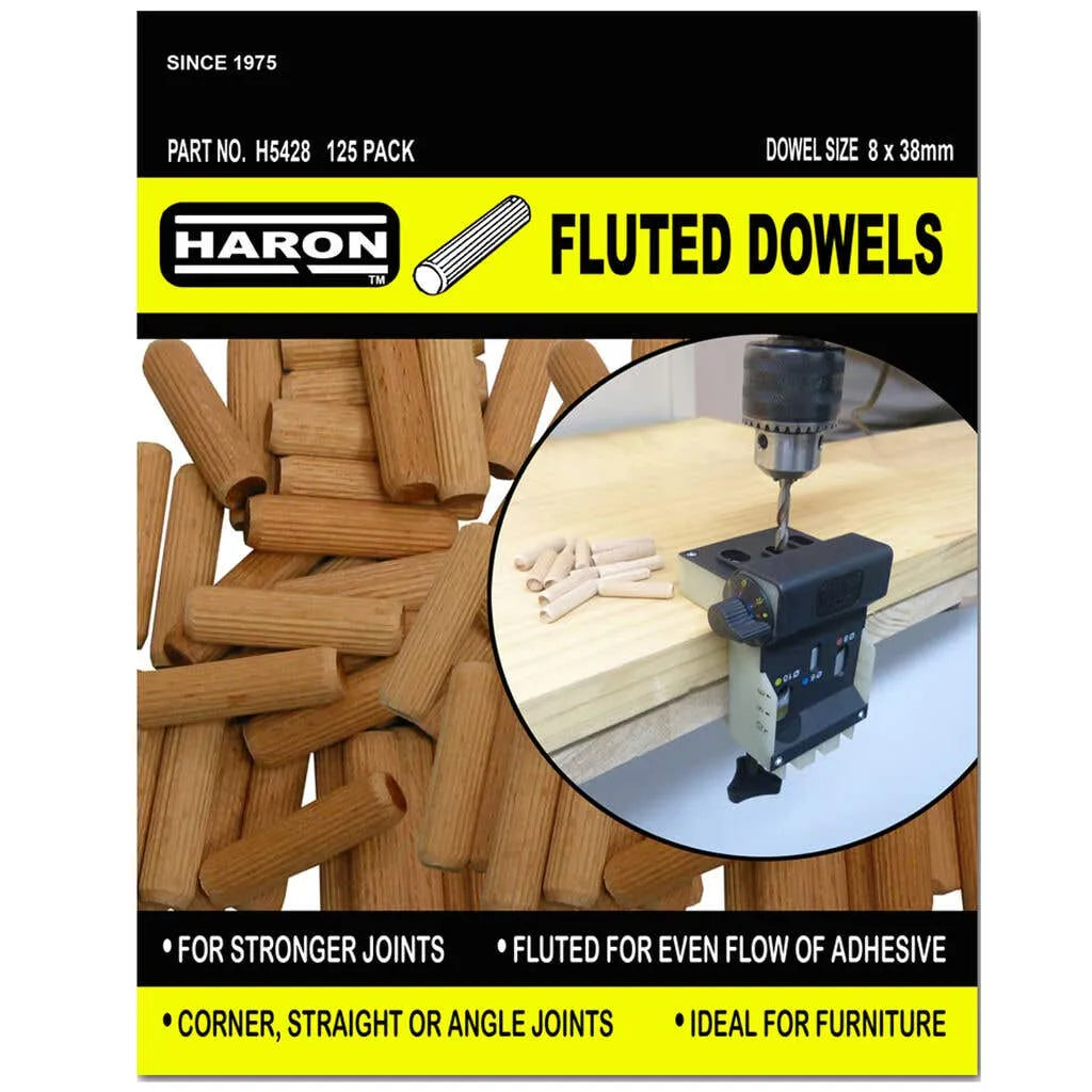 Haron Fluted Dowels 8 x 38mm 125 Piece Pack
