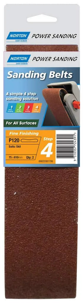 Norton Sanding Belt Cloth P120 Grit 75 x 610mm - 2 Pack