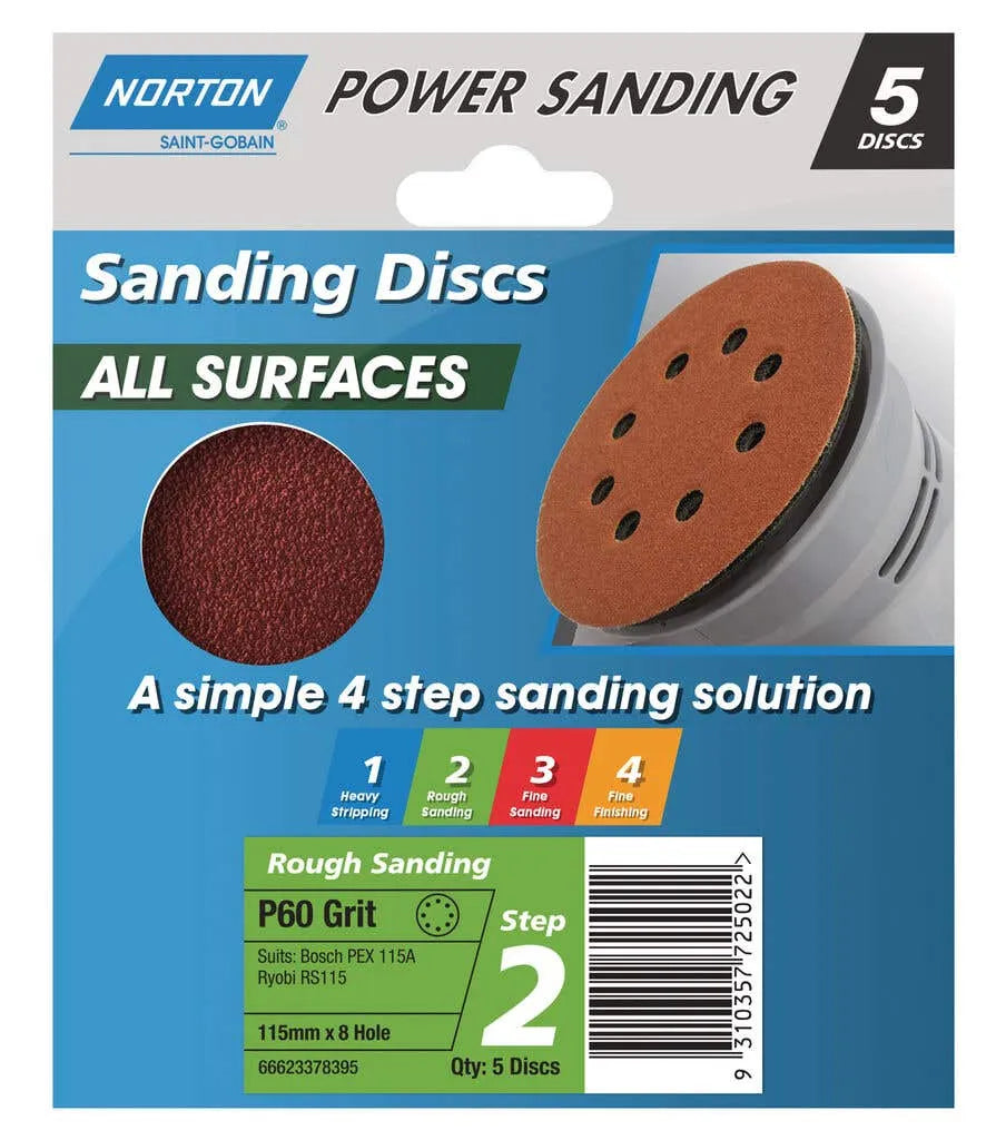 Norton Speedgrip Disc 115mm x 8H Step 2 P60 Grit - 5 Pack