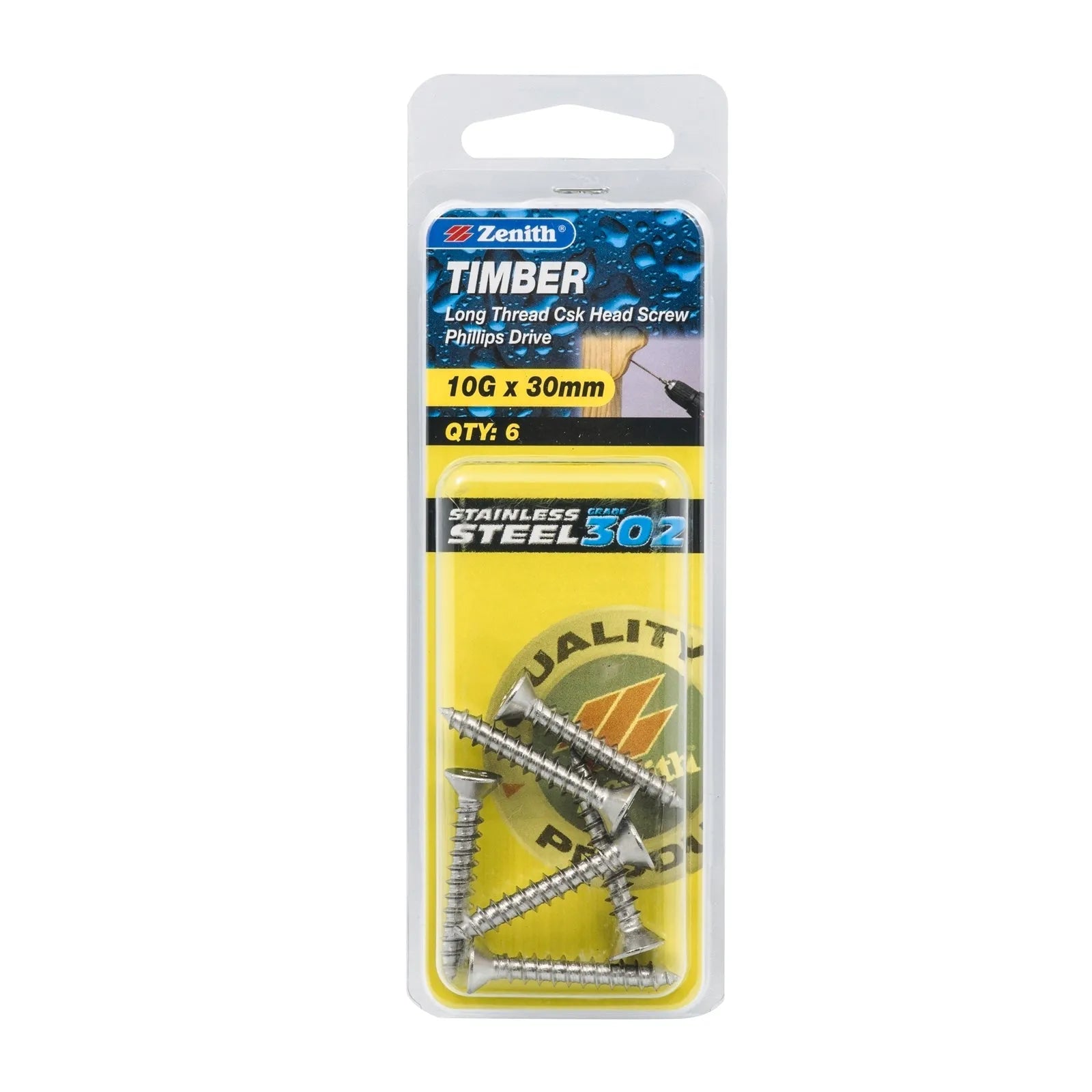 Zenith 10g x 30mm Stainless Steel Long Thread Countersunk Head Timber Screws - 6 Pack