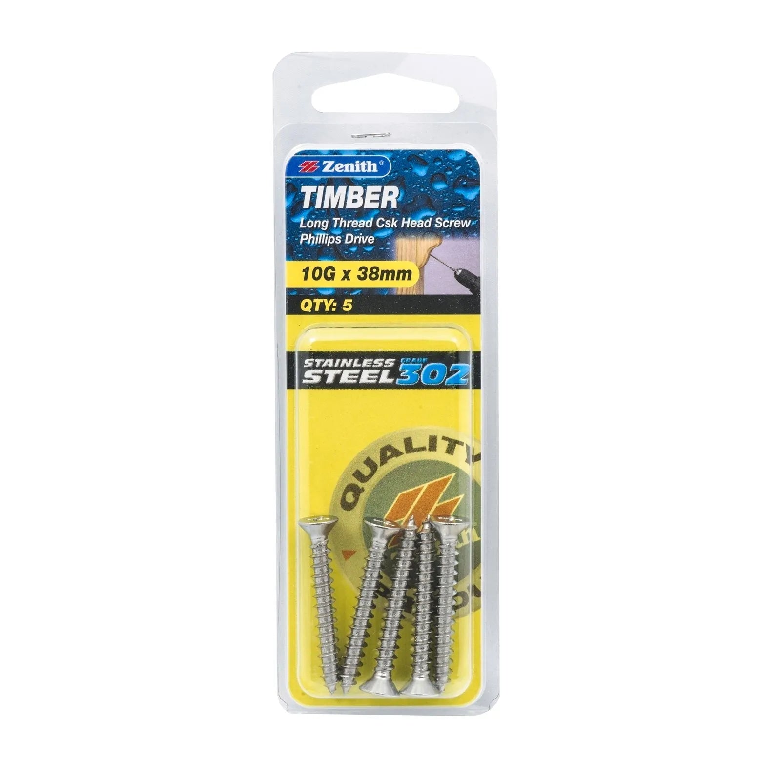 Zenith 10g x 38mm Stainless Steel Long Thread Countersunk Head Timber Screws - 5 Pack