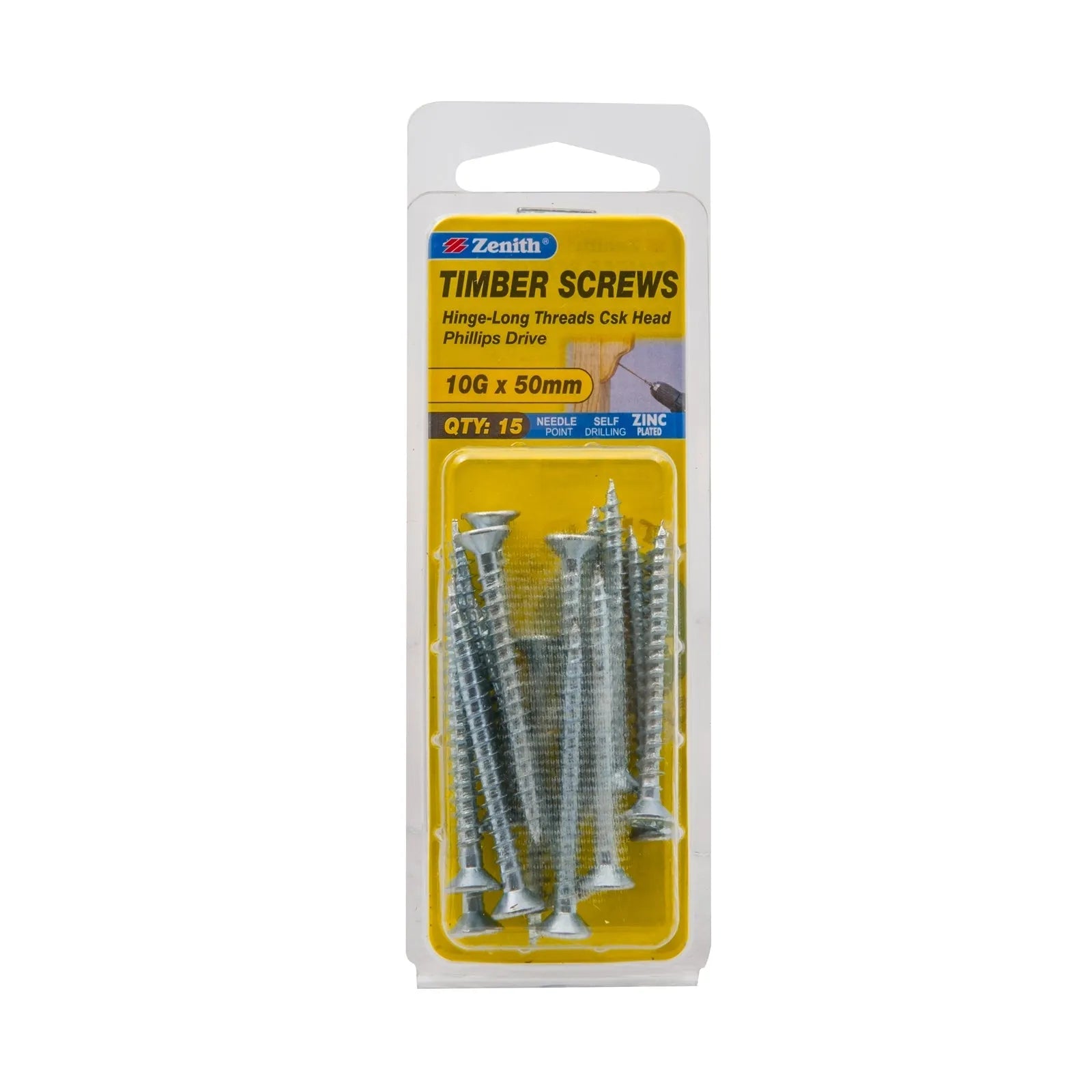 Zenith 10g x 50mm ZP Hinge-Long Threads Countersunk Head Timber Screws - 15 Pack