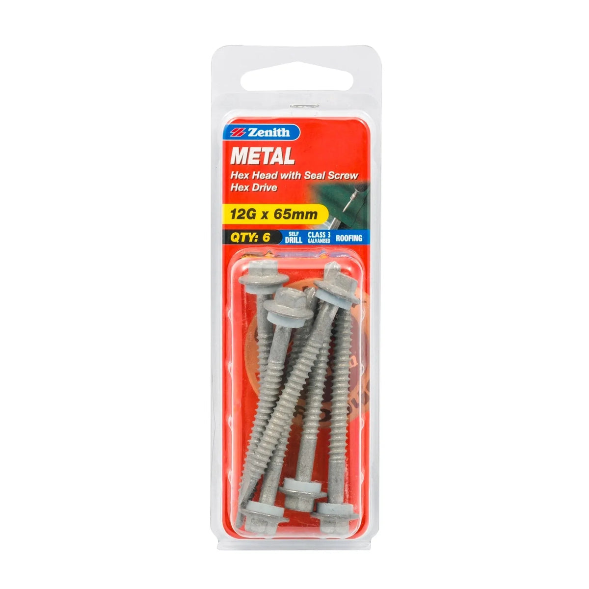 Zenith 12G x 65mm Galv Hex Head With Seal Metal Screws - 6 Pack