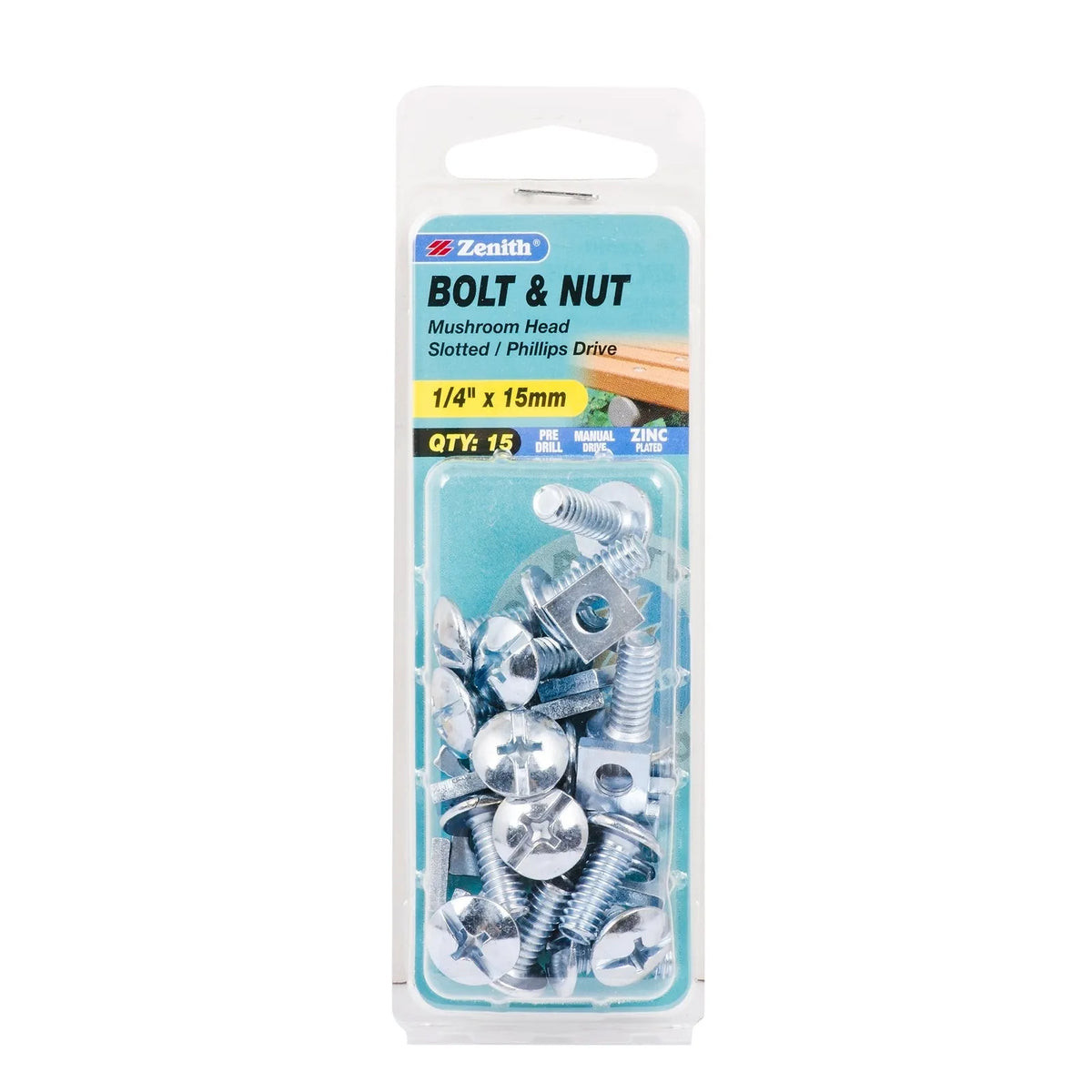 Zenith 1/4" x 15mm ZP Mushroom Head Bolt & Nut - 15 Pack