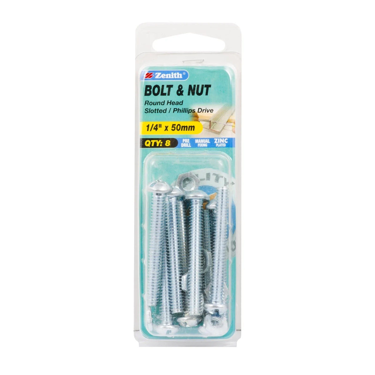 Zenith 1/4" x 50mm ZP Round Head Bolt & Nut - 8 Pack